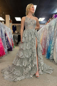 Abito da sera formale da festa da donna con paillettes applicate su una spalla, a strati, linea ad A, sexy con spacco laterale