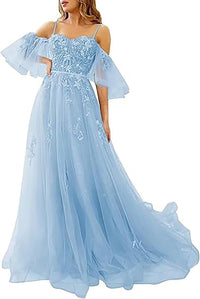 Vestidos de Baile Longos com Ombros Descobertos, Tule, Apliques, Vestido de Festa com Alças Finas, Vestidos Formais de Noite
