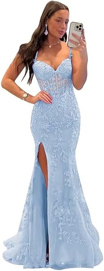 Vestidos de Baile Elegantes com Aplicação de Renda, Estilo Sereia, Fenda, Alças Finas, Vestidos Formais em Tule, Vestidos de Festa Sensuais