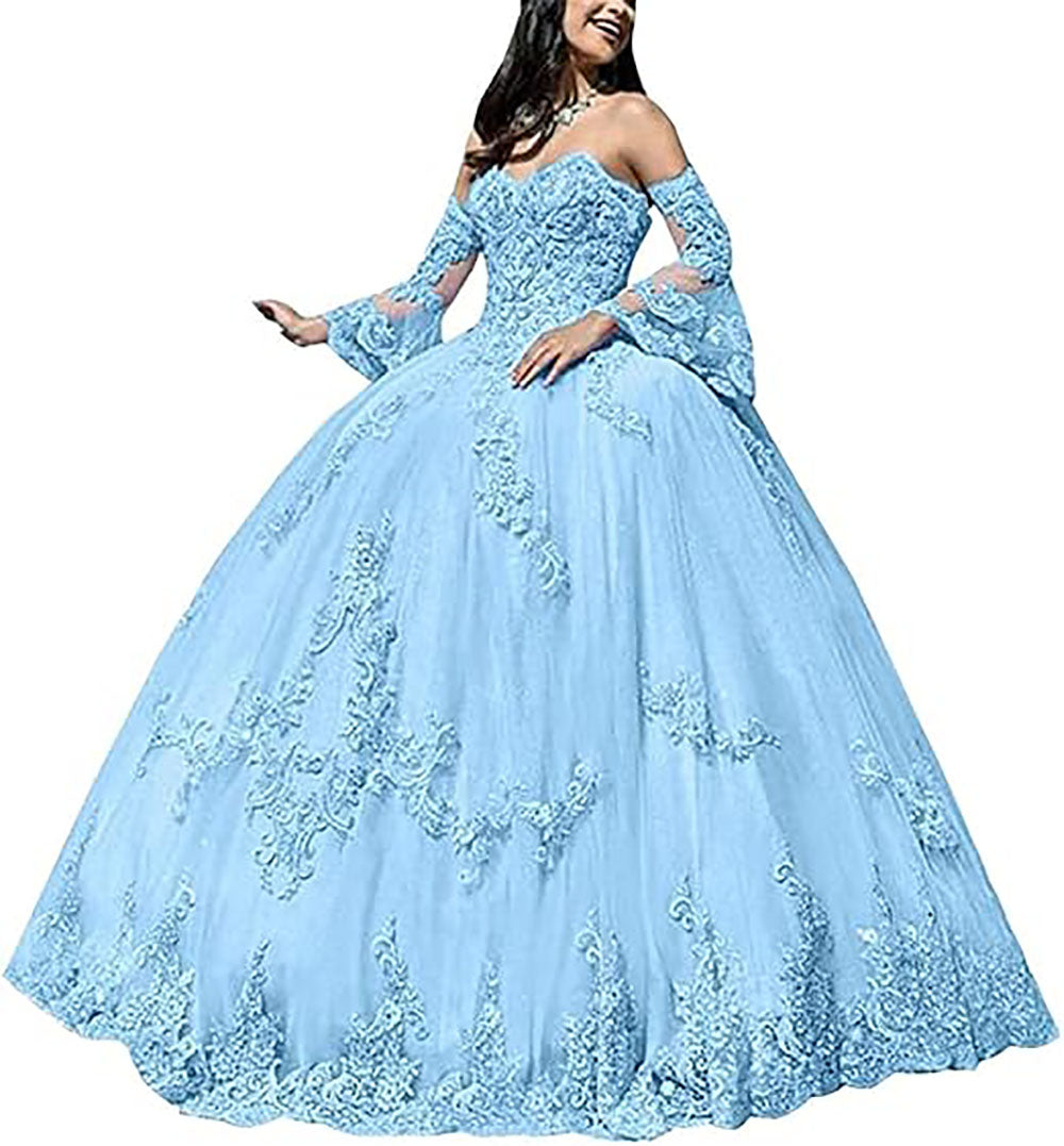 Abiti da Quinceanera da donna con scollo a cuore, applicazioni in pizzo, abito da ballo con maniche lunghe staccabili, abito da principessa per feste