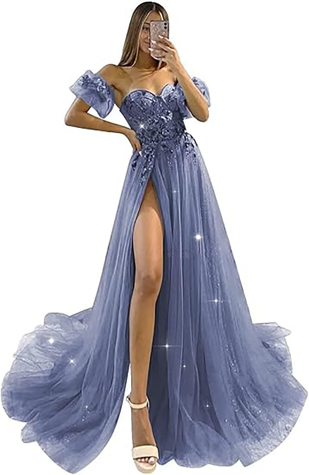 Abiti da sera in tulle glitterato con maniche 2024, scollo a cuore a spalle scoperte, fiori 3D, abiti da festa con spacco