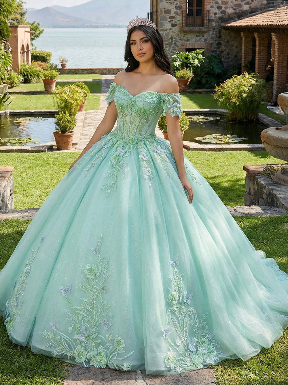 Off Shoulder Glitter Tulle Quinceanera Dress Ball Gown 3D Flower Lace – Msikoods Official Store