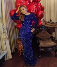 Velvet Stretch Sequin Formal Dress Long Sleeve Prom Dresses O Neck Maxi Birthday Dress