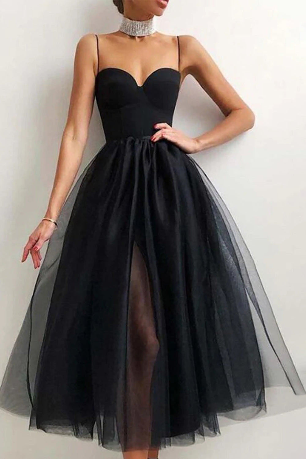 Vestidos de Baile de Comprimento Chá em Tule para Mulheres, Vestidos de Baile Ombro a Ombro, Vestidos de Princesa Jovens com Decote Coração, Bordados e Bufantes
