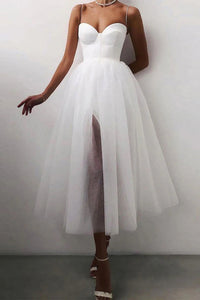 Vestidos de Baile de Comprimento Chá em Tule para Mulheres, Vestidos de Baile Ombro a Ombro, Vestidos de Princesa Jovens com Decote Coração, Bordados e Bufantes