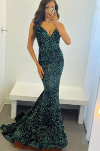 Green Sequin Mermaid Evening Dress V Neck Backless Prom Dress 2025 Ms2508172