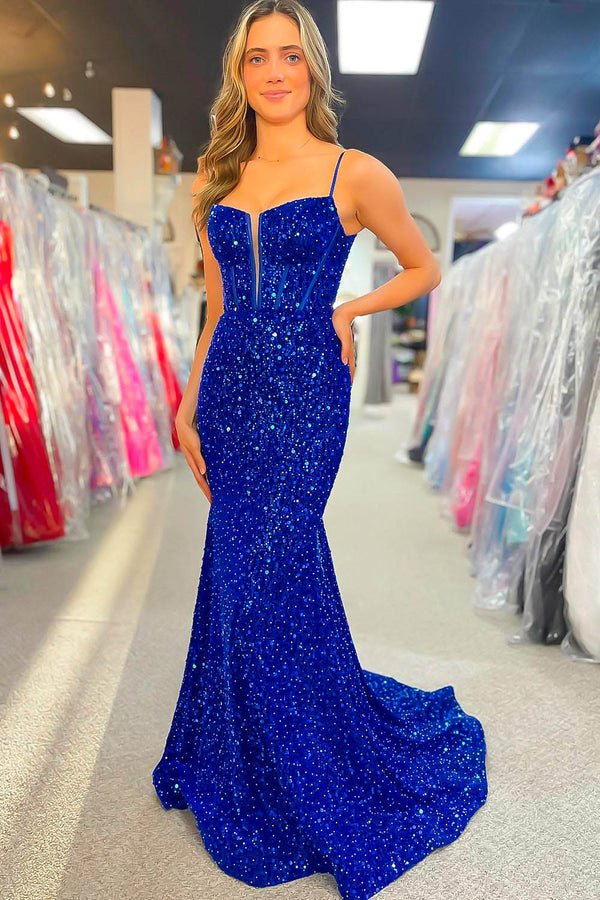 Royal Blue Mermaid Prom Dress Sparkling Spaghetti Strap Party Dress Ms2510304