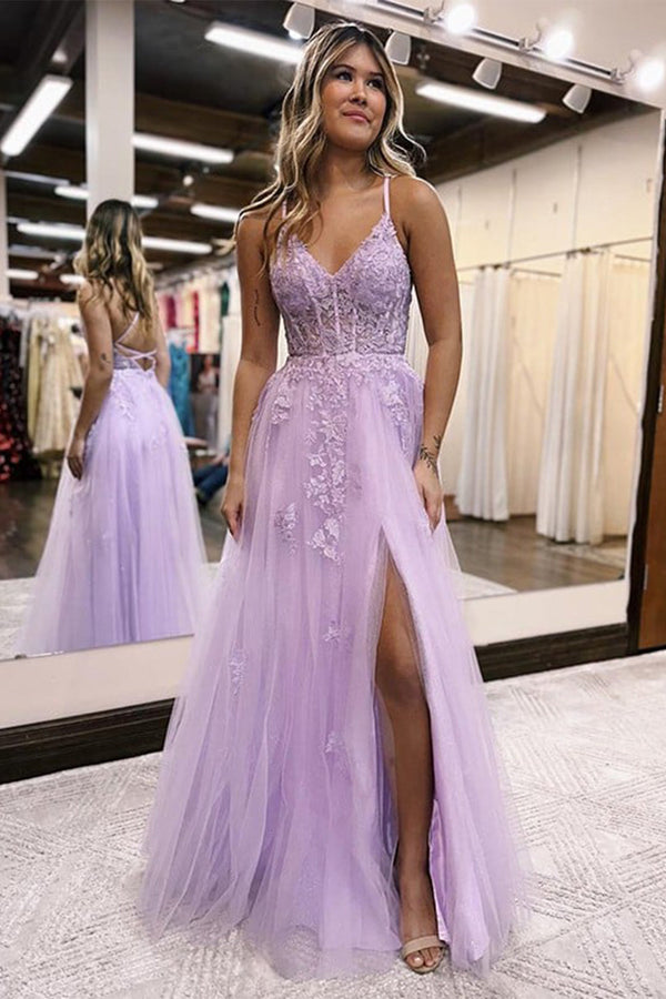 Lilac Lace Appliqué Evening Gown with Spaghetti Straps Slit Prom Dress Ms2508112