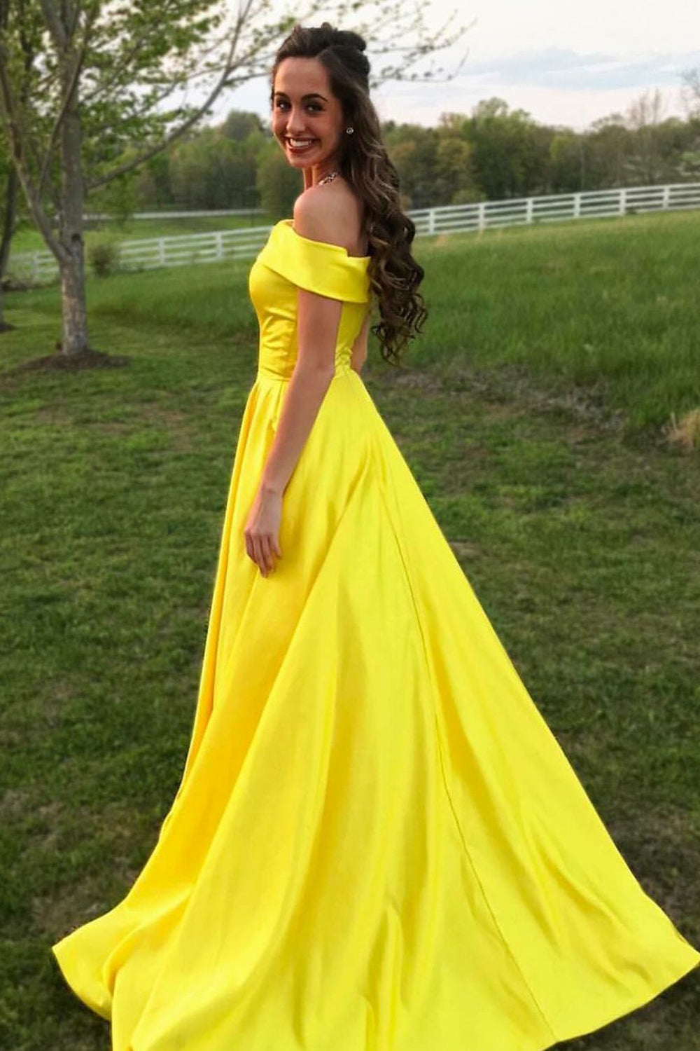 Yellow Off Shoulder Satin Prom Dress with Pockets Evening Gown Ms2509111
