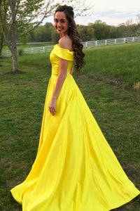 Yellow Off Shoulder Satin Prom Dress with Pockets Evening Gown Ms2509111