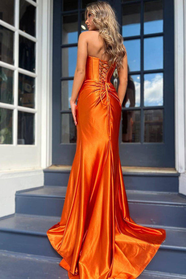 Orange Satin Evening Gown Strapless Corset High Slit Long Prom Dress Ms2509051
