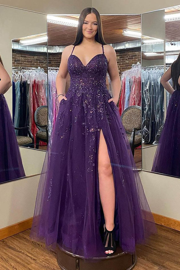 Sparkly Lace Tulle Prom Dress With Pockets Slit Grape Graduation Dress Ms2510302
