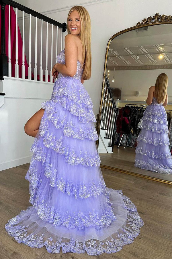 One Shoulder Lilac Tiered Lace Appliqué High Slit Tulle Prom Dress Ms2510303