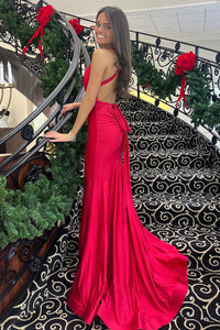 Red Backless Mermaid Prom Dress Halter Neck Satin Formal Party Gown Ms2507191