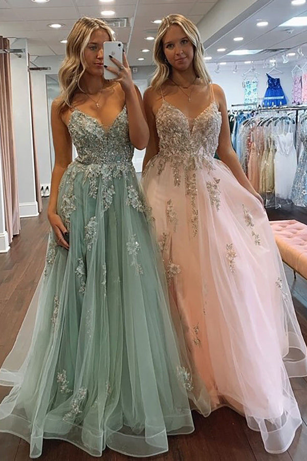 Embroidered Lace Prom Dress Sage Tulle Deep V Backless Princess Evening Gown MS2507192