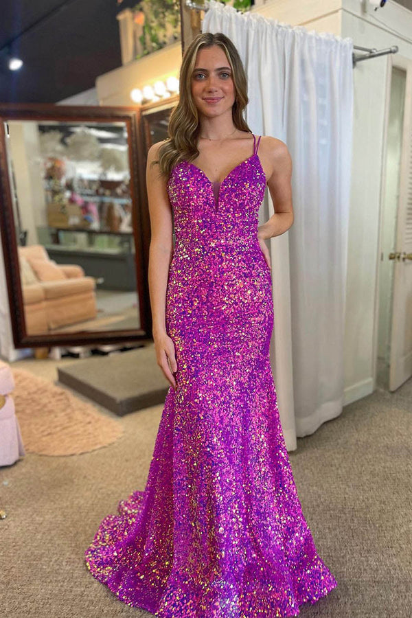 Sequin Mermaid Prom Dresses Sparkly V Neck Evening Dress for Party Ms2510242