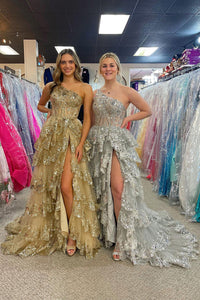 Abito da sera formale da festa da donna con paillettes applicate su una spalla, a strati, linea ad A, sexy con spacco laterale