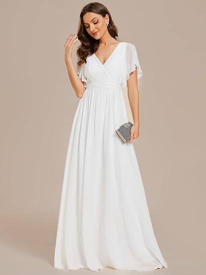 Abito da damigella con scollo a V, maniche a volant, arricciato, da festa, lungo fino al pavimento, in chiffon, abito formale