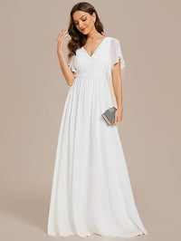 Abito da damigella con scollo a V, maniche a volant, arricciato, da festa, lungo fino al pavimento, in chiffon, abito formale