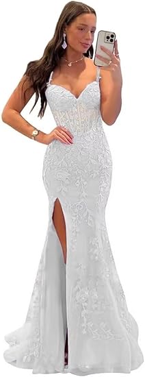 Vestidos de Baile Elegantes com Aplicação de Renda, Estilo Sereia, Fenda, Alças Finas, Vestidos Formais em Tule, Vestidos de Festa Sensuais