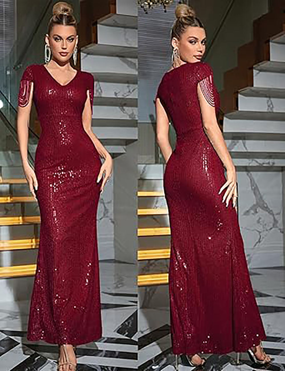 Vestido Formal de Noite para Mulher com Decote em V, Lantejoulas, Contas, Tassel, Manga Curta, Estilo Sereia, Vestido de Baile 2024, Vestido Maxi para Festa