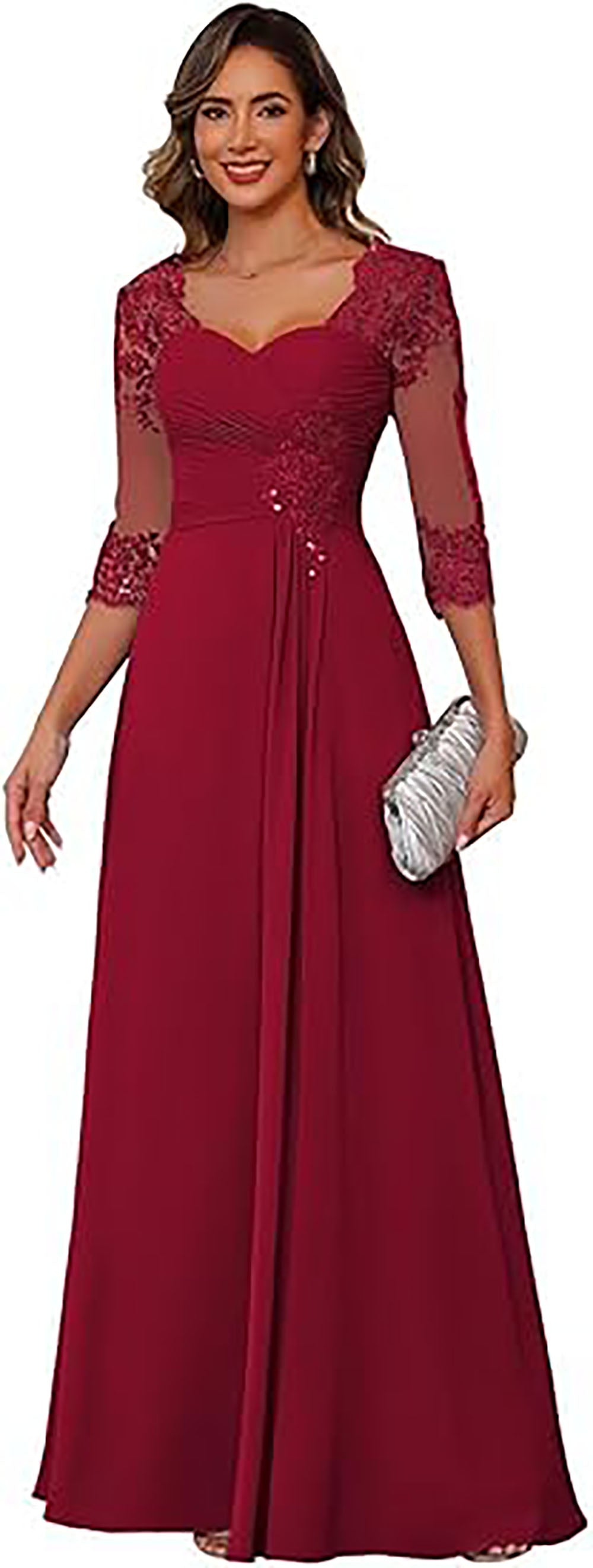 Vestidos de Noiva com Aplicações de Renda, Mangas 3/4, Vestido Formal de Noite Ms2503132