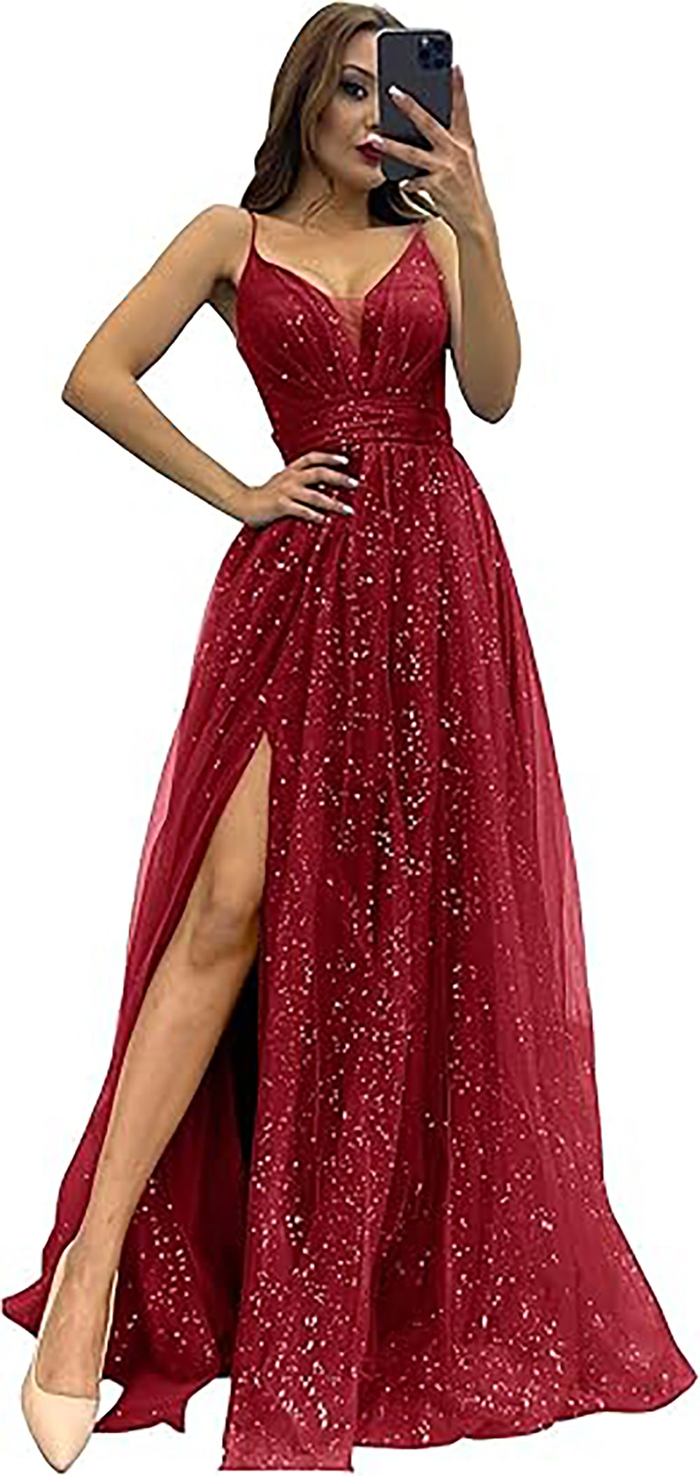 Vestidos Formais de Tule Brilhante para Mulheres com Decote em V, Pregas, Sexy, Fenda Alta, Alças Finas, Vestidos de Baile