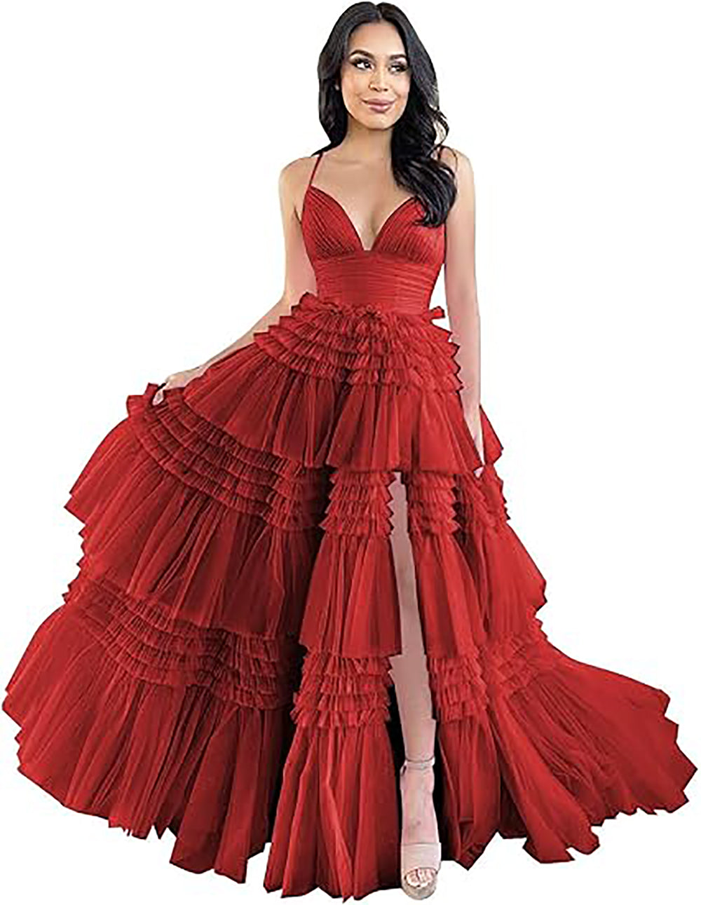 Abito da sera formale in tulle con spalline sottili, balze a strati, gonna ampia, spacco e effetto gonfio