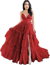 Abito da sera formale in tulle con spalline sottili, balze a strati, gonna ampia, spacco e effetto gonfio