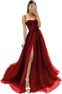 Robe de soirée longue en tulle à bretelles spaghetti et décolleté plongeant pour femme