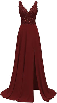 Abiti da damigella d'onore da donna lunghi in chiffon con spacco, abiti semi-formali a linea ad A con scollo a V e schiena scoperta, abiti da sera per matrimoni