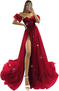 Abiti da sera in tulle glitterato con maniche 2024, scollo a cuore a spalle scoperte, fiori 3D, abiti da festa con spacco