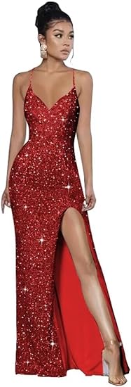 Abiti da sera formali con spalline sottili, paillettes, scollo a V, stile sirena, con spacco, abito da festa scintillante