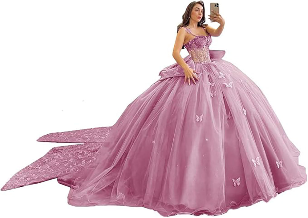 Robes de Quinceanera à bretelles spaghetti avec dentelle papillon et perles Robes de bal en tulle scintillant Robes Sweet 16