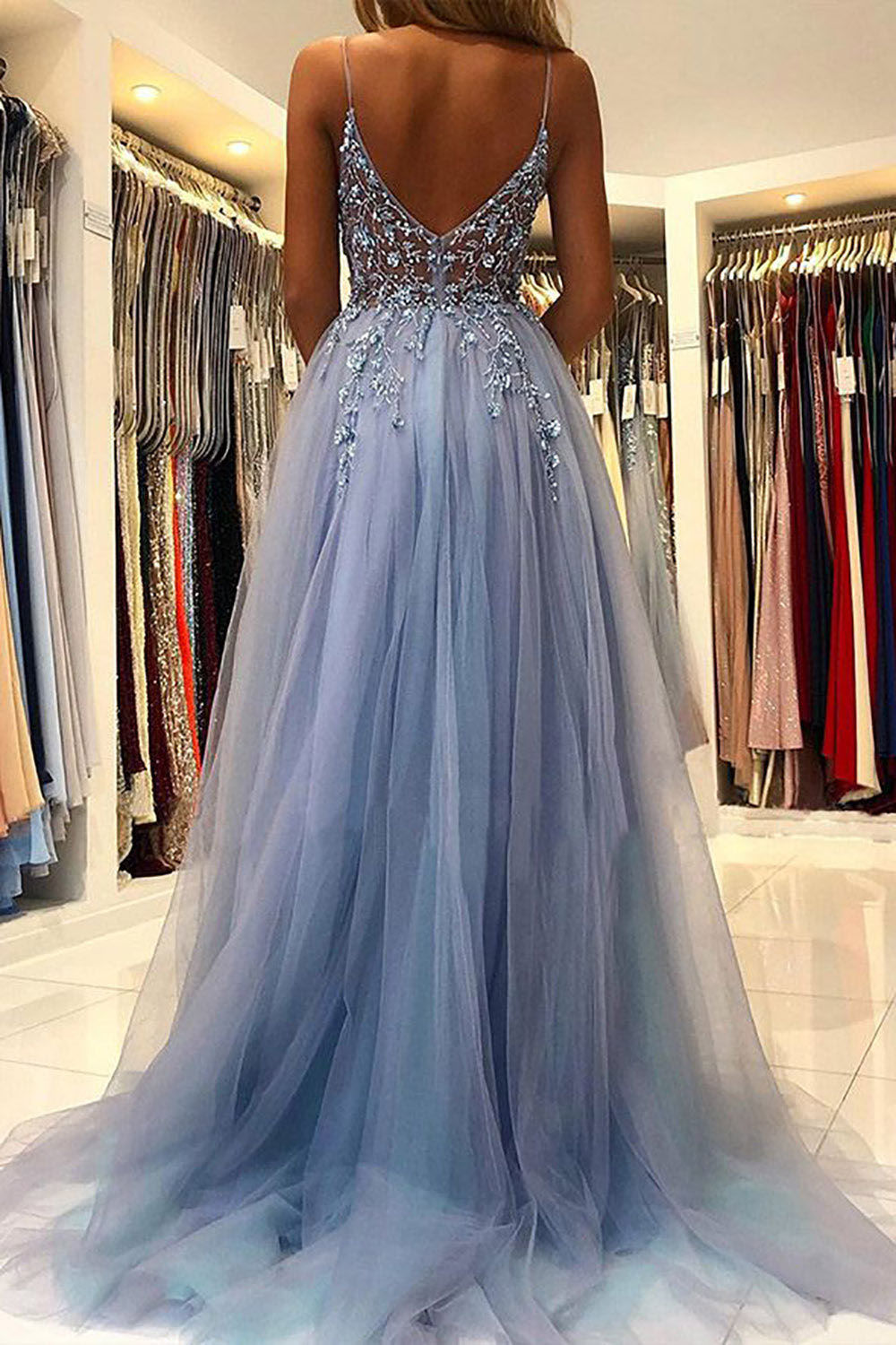 A-Line Prom Gown with Slit Illusion Beads Appliques Evening Dress Ms2507261