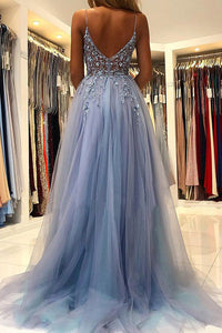 A-Line Prom Gown with Slit Illusion Beads Appliques Evening Dress Ms2507261
