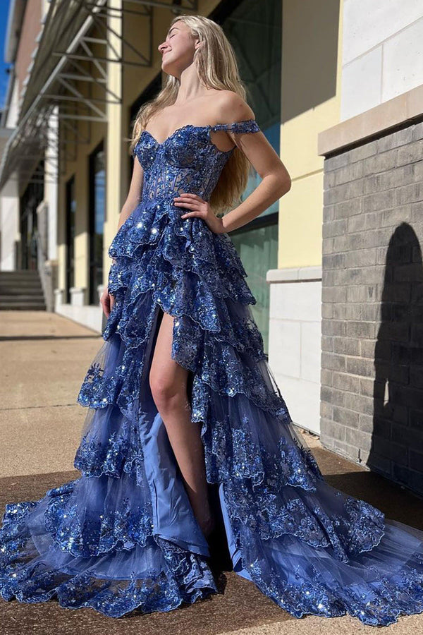 Sparkly Lace Sequins Evening Gown Off Shoulder Tiered Corset Prom Dress Ms2508094