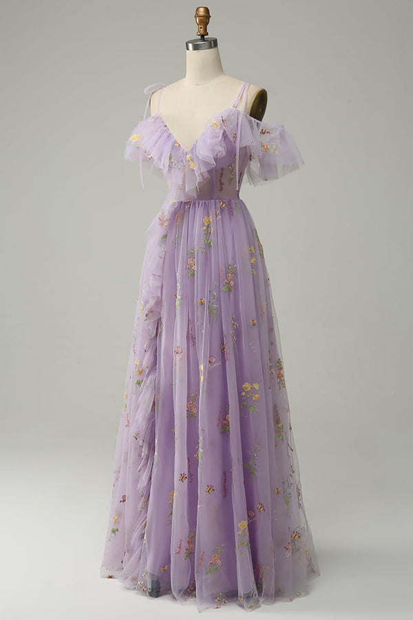 Lilac Prom Dress Floral Embroidered Ruffles Slit Party Gown Ms2507266