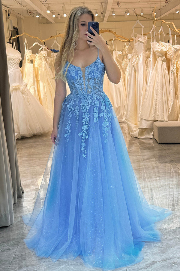 Blue Prom Dress Glitter Tulle A-Line Evening Dresses with Lace Appliques Ms251032