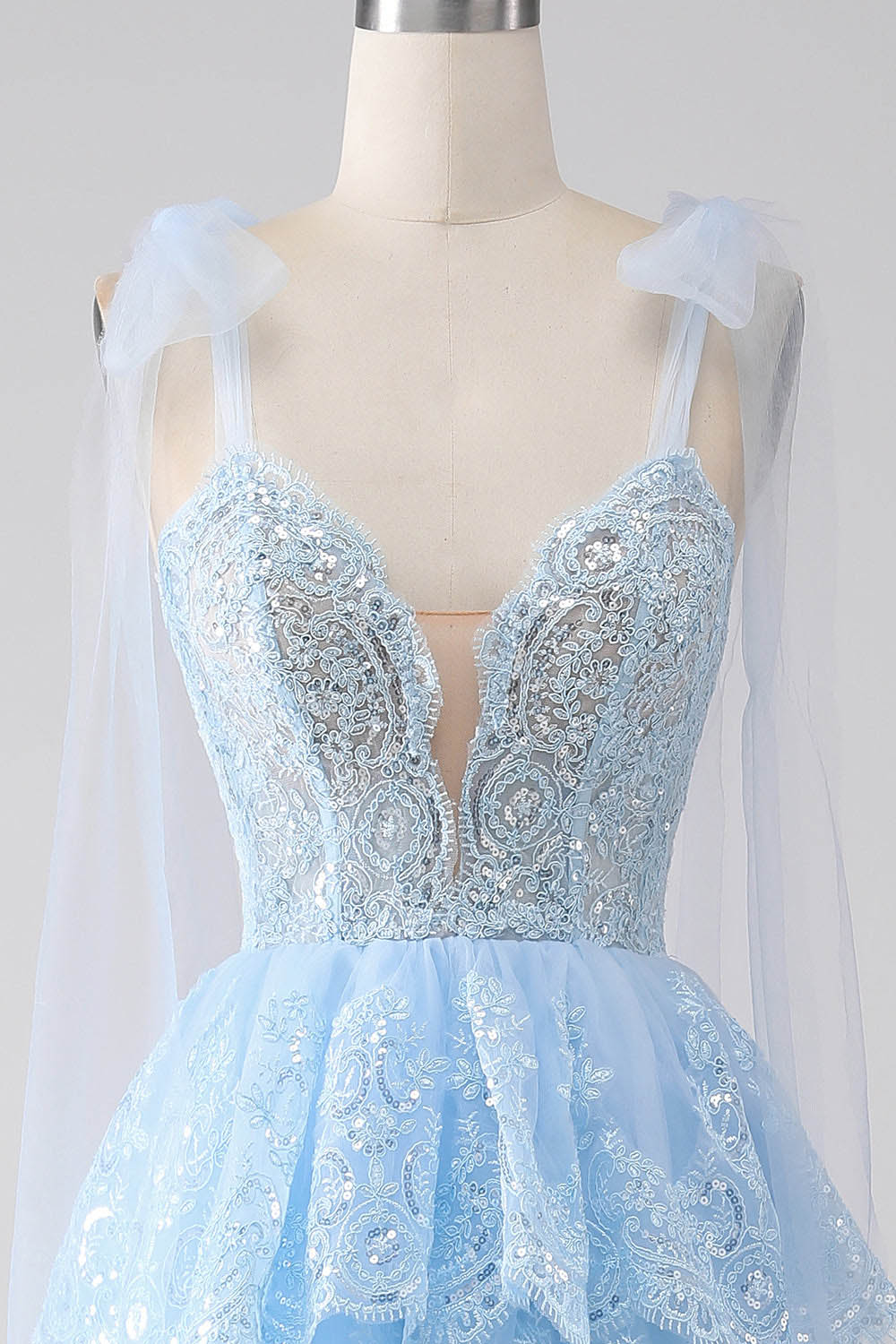 Sequins Lace Prom Dress V Neck Bow Straps Layered Tulle Party Dress Ms2510246