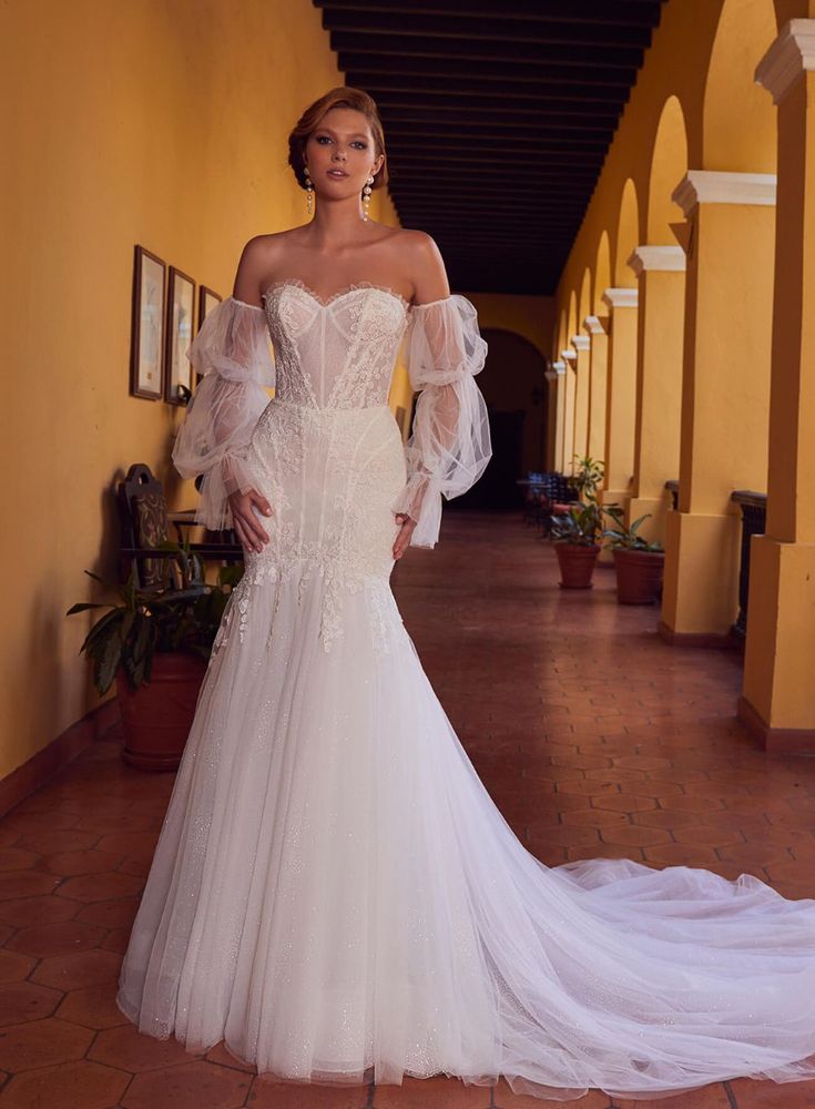 chinese dress ladies 2023 Puff Sleeves Beach Ivory Chiffon Mermaid Wedding Dress – Sassymyprom main image 0
