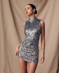 Vestidos de Baile Sexy com Lantejoulas, Sem Mangas, Gola Alta, Vestido Mini para Festa, Vestido de Baile Prateado, Vestido para Festa de Regresso a Casa