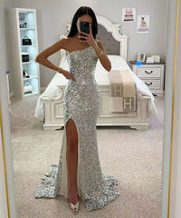 Pailletten One Shoulder Meerjungfrau Damen Abendkleid Seitlich geschlitztes Geburtstagskleid Partykleid
