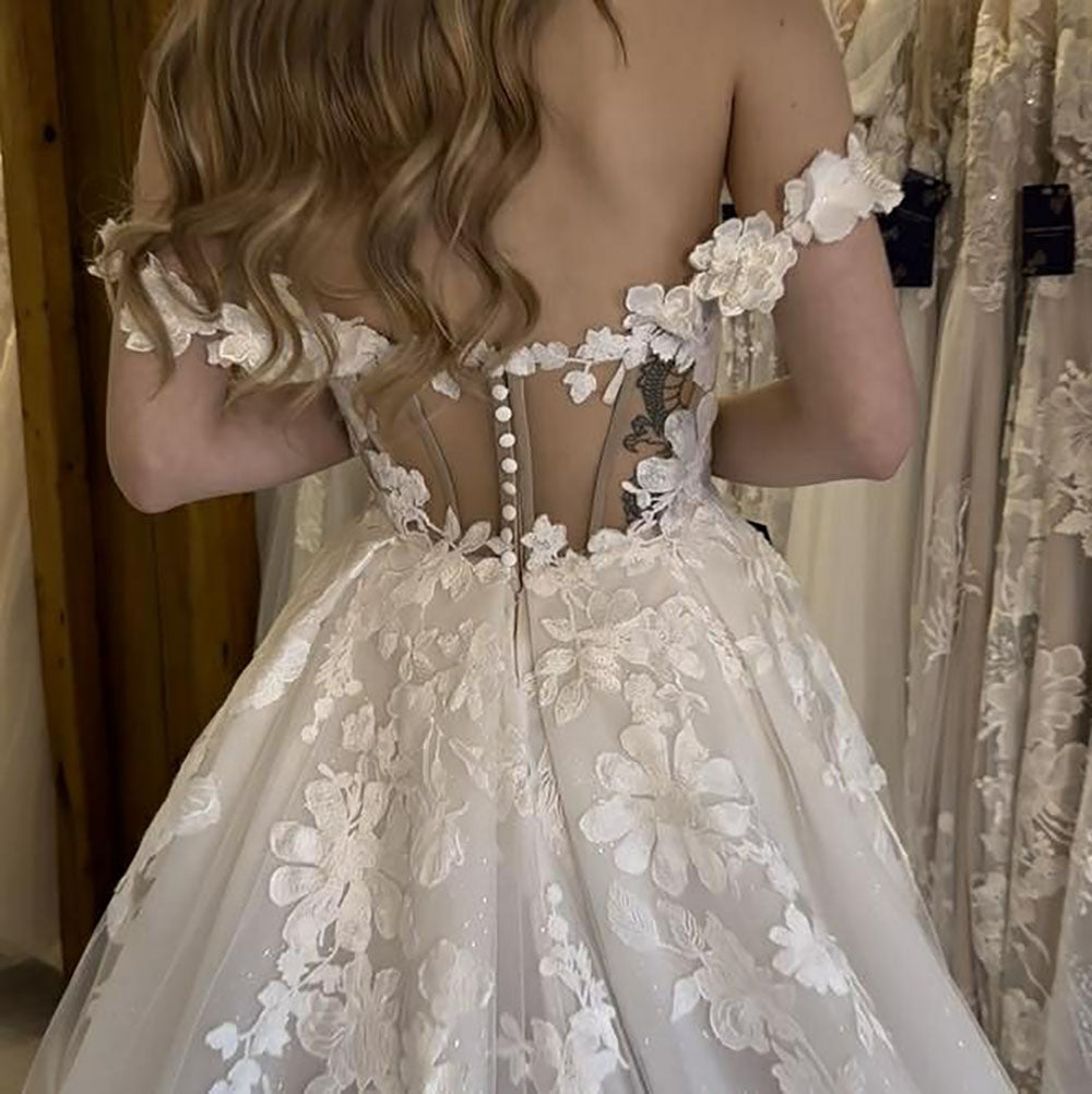 Classic Elegant Wedding Dresses For Mariages Sparkly Tulle V Neck Lace Appliques Off The Shoulder Slit Bridal Gowns