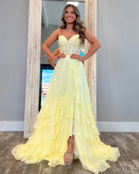 Abito da sera con spacco Ruffle, scollo a cuore, applicazioni in pizzo, corsetto, abito formale per festa di prom Ms2504114