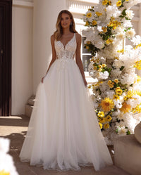 Romantic Illusion Lace Wedding Dress A-Line Tulle Bridal Gown Open Back Bride Dress Ms2505204