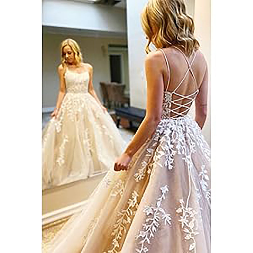 Abiti da sera lunghi con spalline sottili in tulle, applicazioni in pizzo, abiti da ballo per donne, vestito da festa