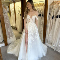 Classic Elegant Wedding Dresses For Mariages Sparkly Tulle V Neck Lace Appliques Off The Shoulder Slit Bridal Gowns