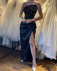 Robe de soirée sirène à paillettes, robe de soirée formelle en satin noire fendue sur le côté, robe de soirée pour invités de mariage