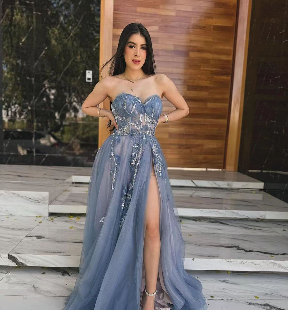 Abito da sera lungo da donna formale con scollo a cuore, tulle, pizzo, linea ad A e spacco sulla coscia